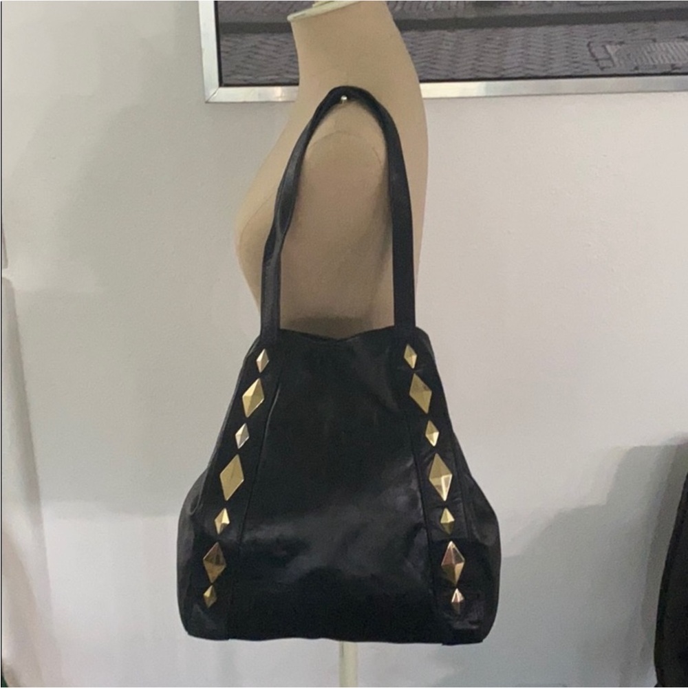 Authentic Badgley Mischka designer studded black leather handbag purse - Picture 2 of 13